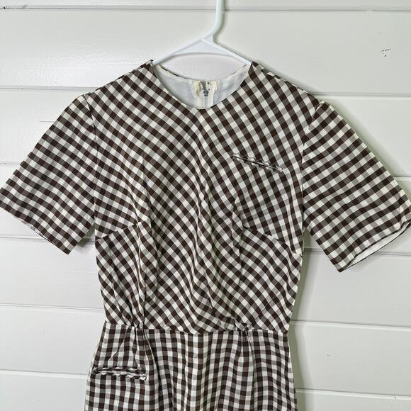 Vintage 60s Gingham Sheath Dress Short Sleeve Brown White Womens Handmade 4 - Picture 3 of 12